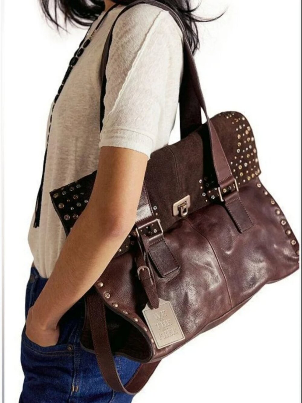 Free People Brown Distressed Leather Studded Satchel Crossbody Bag Boho Shoulder - Picture 2 of 10